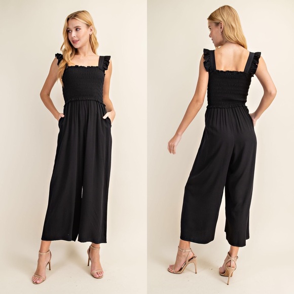 Pants - Black Sleeveless Smocked Ruffle Jumpsuit